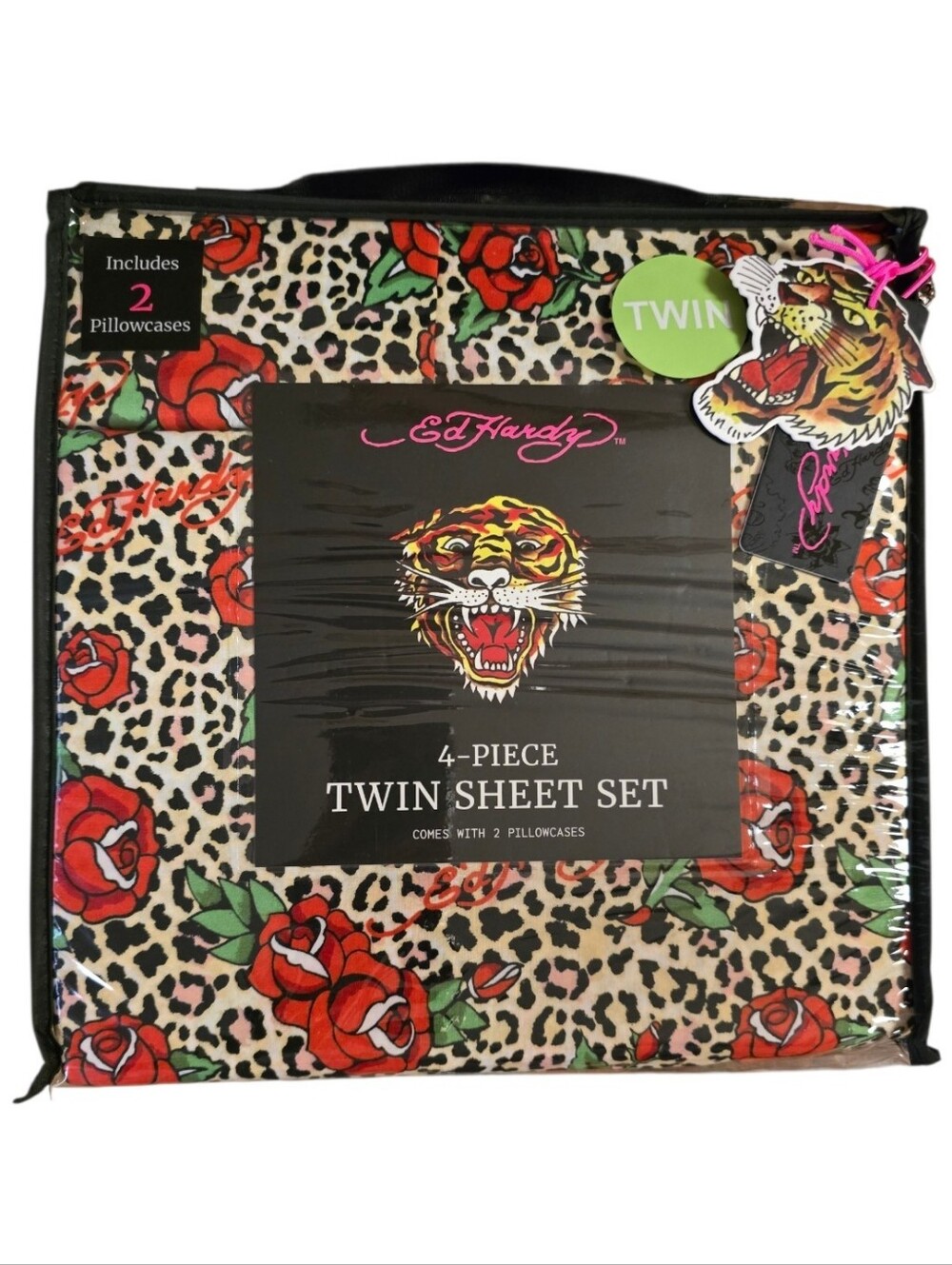 🌹 Ed Hardy 6 Piece Leopard Print & Roses Twin Sheet Set. NWT.